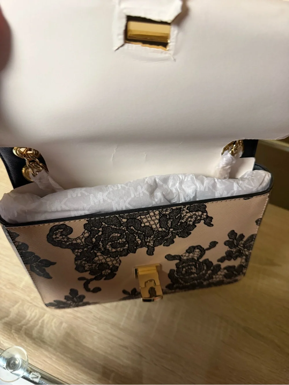 Michael Kors Beige Shoulder Bag with Black Lace Overlay and Gold Hardware